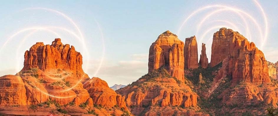 red rocks of sedona with swirling clouds representing ancient healing shamanic traditions