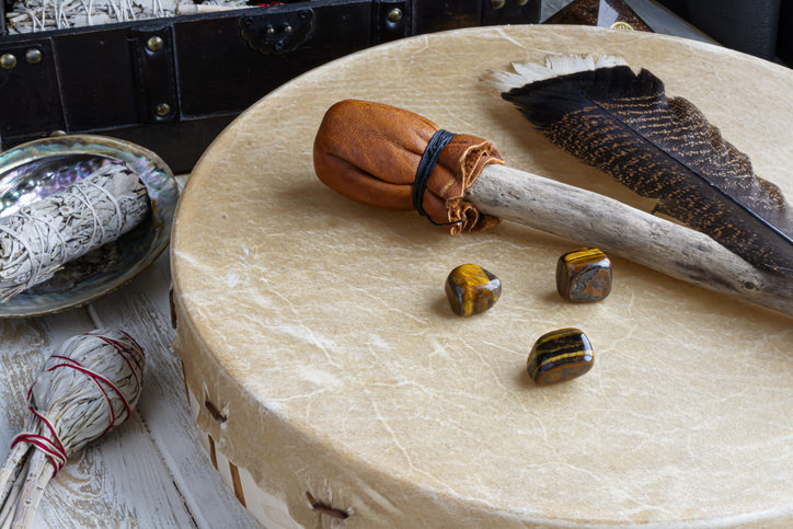 shamanic tools, drum layed out for ceremony in sedona red rocks