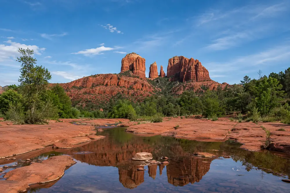 Scenic view of Cathedral Rock in the Sedona red rocks at sunset